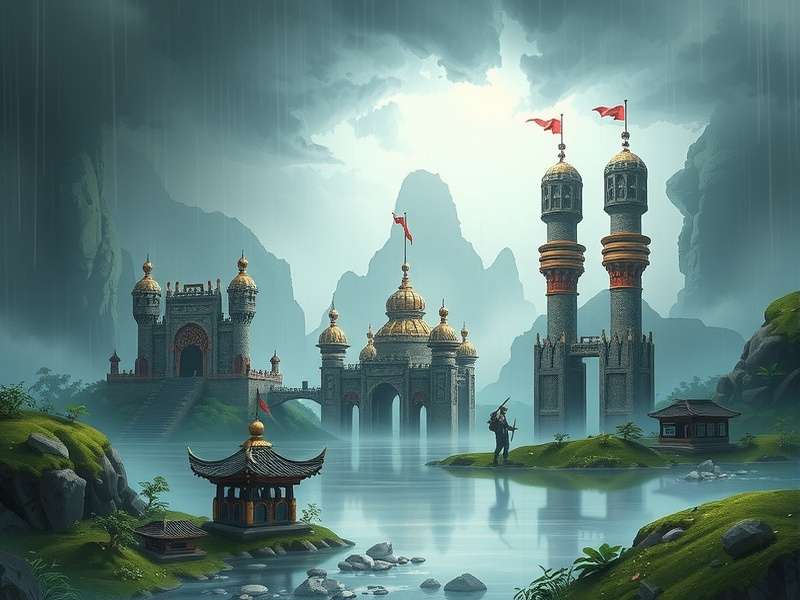 Rainy Realm Ruler game banner showing monsoon landscape with player fortresses